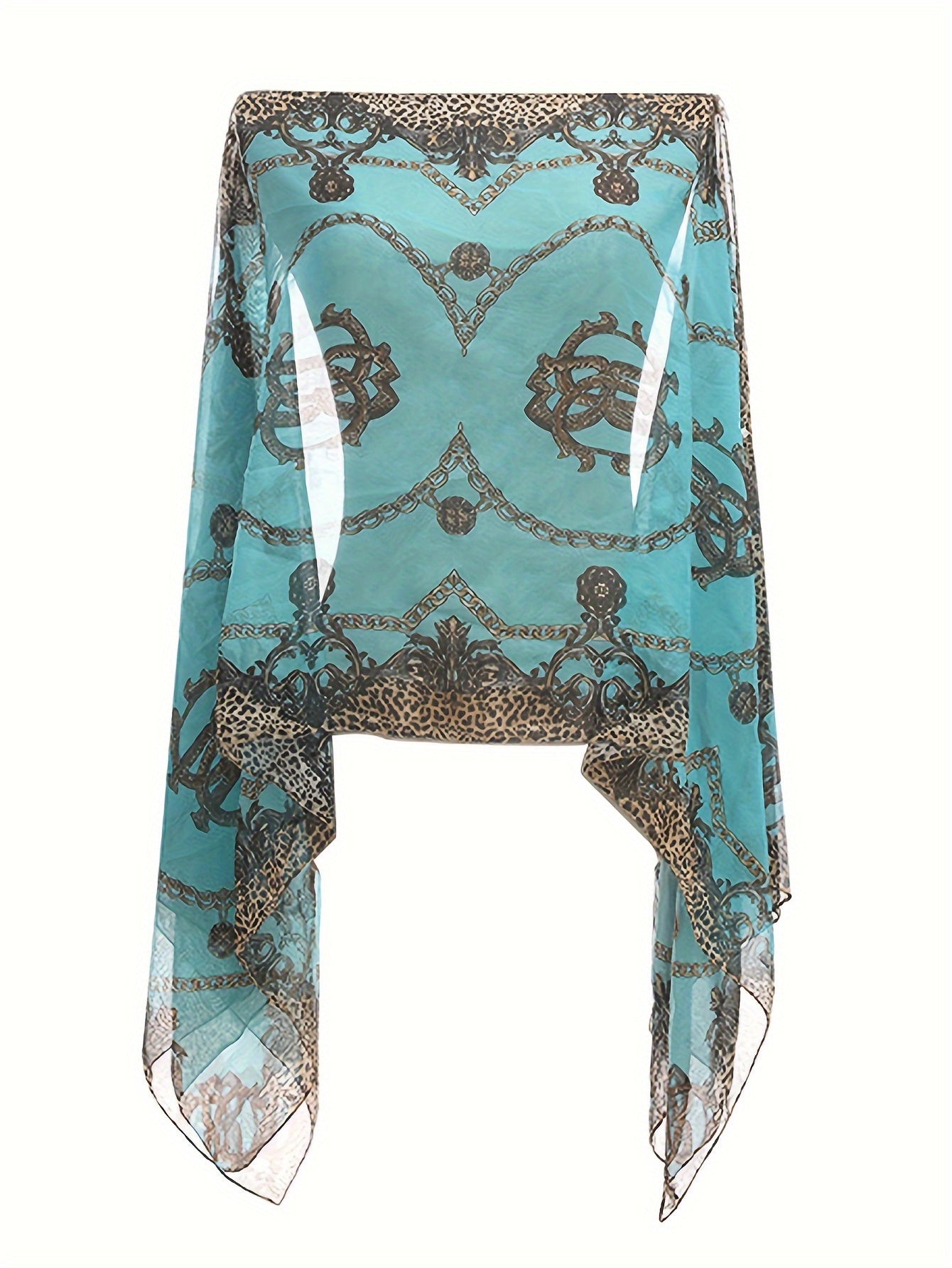 Plus Size Chain Print V Neck Shawl Top, Elegant Long Sleeve Blouse For Spring & Summer, Women's Plus Size Clothing - Veloxea