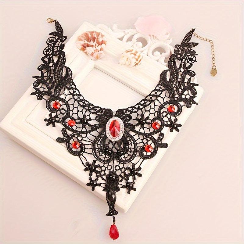 Black Clavicle Chain Vintage Gothic Lace Necklace Female Red Crystal Tassel Halloween Holiday Dress Up Accessories Gift - Veloxea