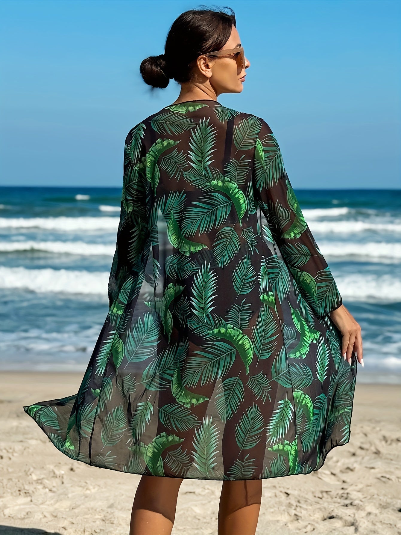 Tropical Leaf Print Stretchy 3 Piece Set Bikini With Long Sleeve Kimono, Scoop Neck Contrast Band Stylish Swimsuits, Women's Swimwear & Clothing For Holiday - Veloxea