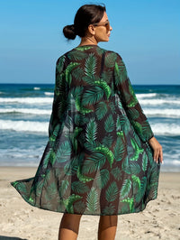 Tropical Leaf Print Stretchy 3 Piece Set Bikini With Long Sleeve Kimono, Scoop Neck Contrast Band Stylish Swimsuits, Women's Swimwear & Clothing For Holiday - Veloxea