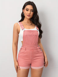 Women's Casual Pinkish Pastel Color Denim Overalls, Shortalls With Pocket Detail, Buttoned Straps, Summer Fashion, Adjustable Fit - Veloxea