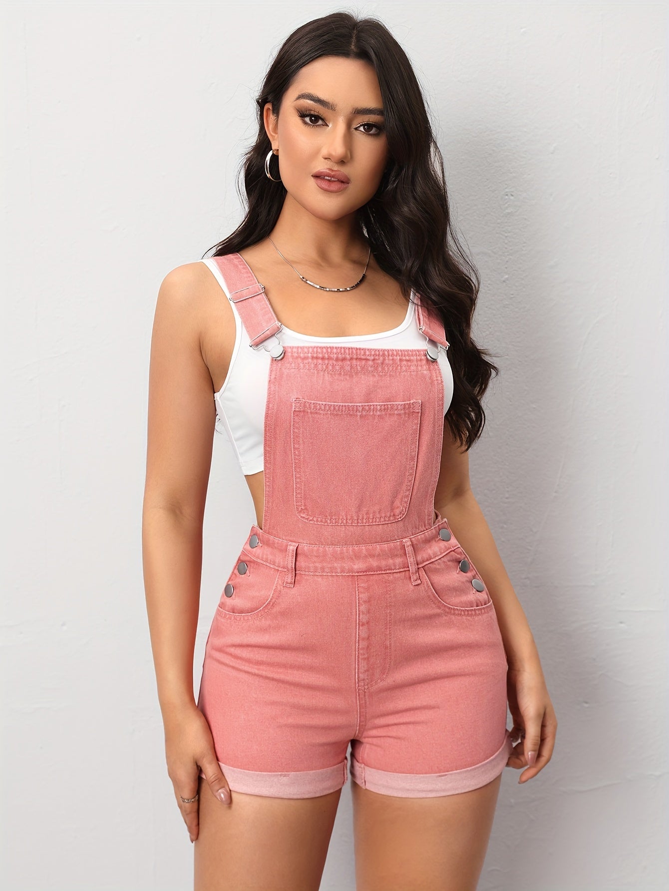 Women's Casual Pinkish Pastel Color Denim Overalls, Shortalls With Pocket Detail, Buttoned Straps, Summer Fashion, Adjustable Fit - Veloxea