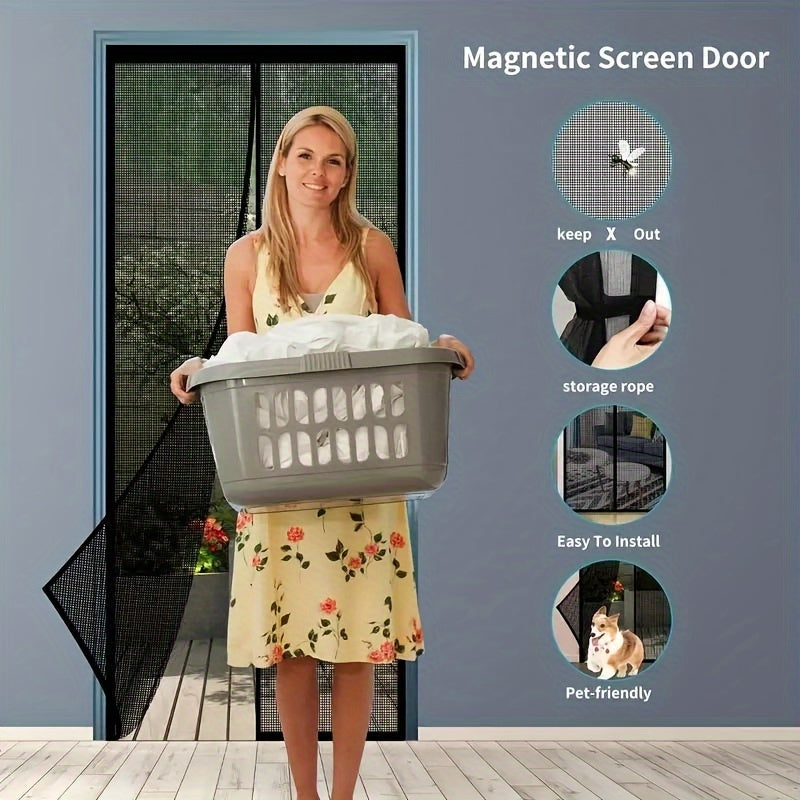 1pc Heavy-Duty Magnetic Screen Door With Full Frame Hook & Loop, Durable Polyester Mesh Curtain For Fresh Air Circulation, Easy Entry For Pets, Kid Friendly, Bug & Insect Proof, Fits Doors Up To 38x82 Inches - Veloxea