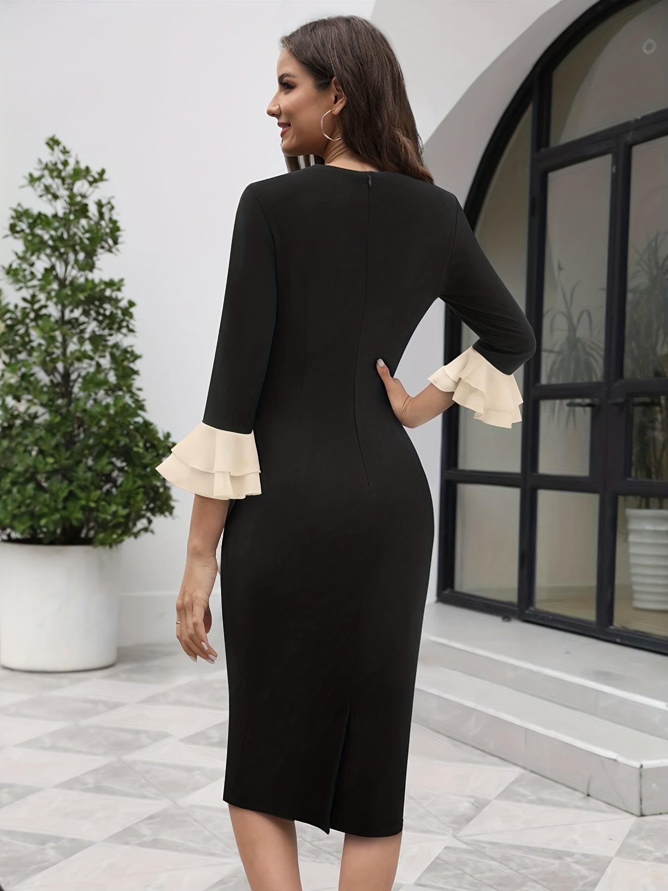 Tie-neck Ruffle Tiered Sleeve Dress, Elegant Pencil Dress For Spring & Fall, Women's Clothing