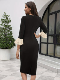Tie-neck Ruffle Tiered Sleeve Dress, Elegant Pencil Dress For Spring & Fall, Women's Clothing