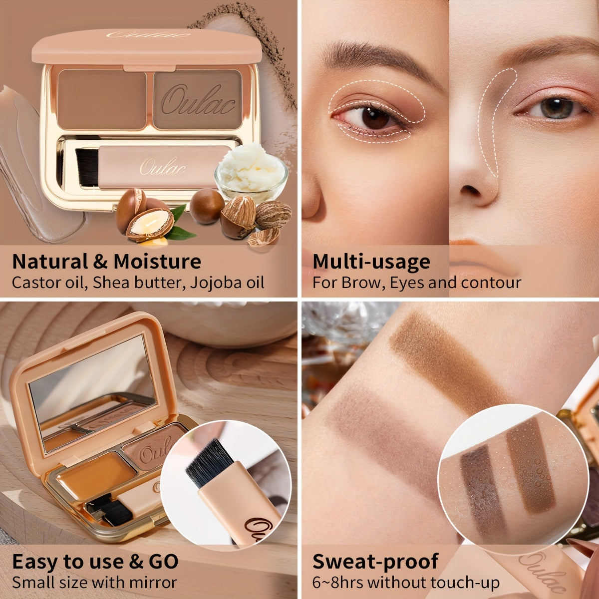 Oulac 2-in-1 Dual Color Eyebrow Powder, Long-Lasting Instant Eyebrow Powder