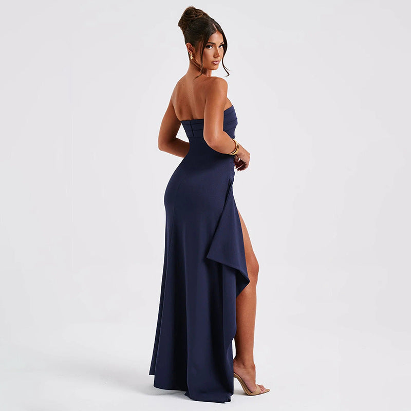 Strapless Split Long Dress Summer Fashion Pleated Bridesmaid Dress For Womens