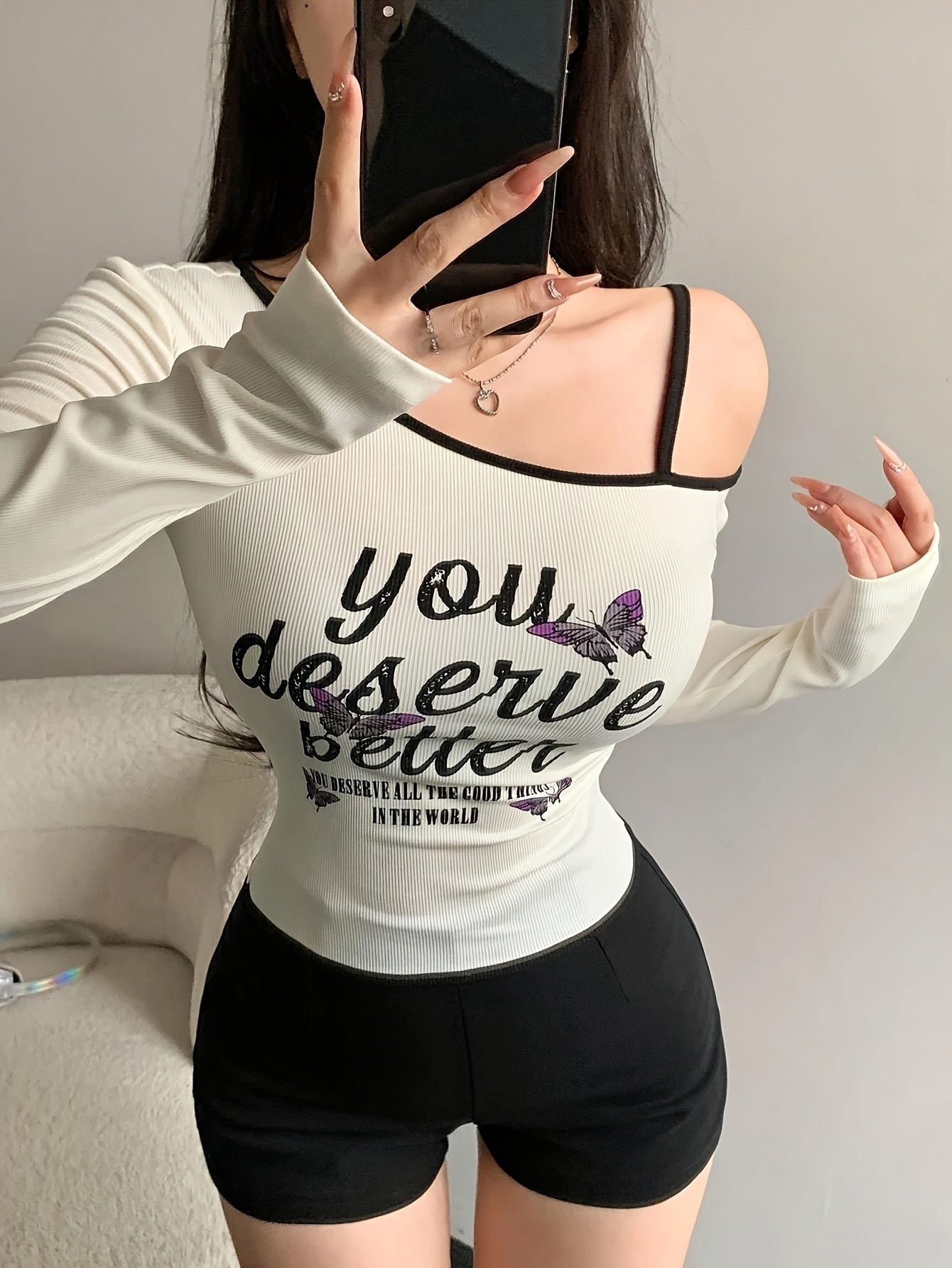 Butterfly Print Asymmetrical Neck T-Shirt, Y2K Long Sleeve T-Shirt For Spring & Fall, Women's Clothing - Veloxea