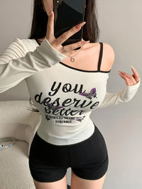 Butterfly Print Asymmetrical Neck T-Shirt, Y2K Long Sleeve T-Shirt For Spring & Fall, Women's Clothing - Veloxea