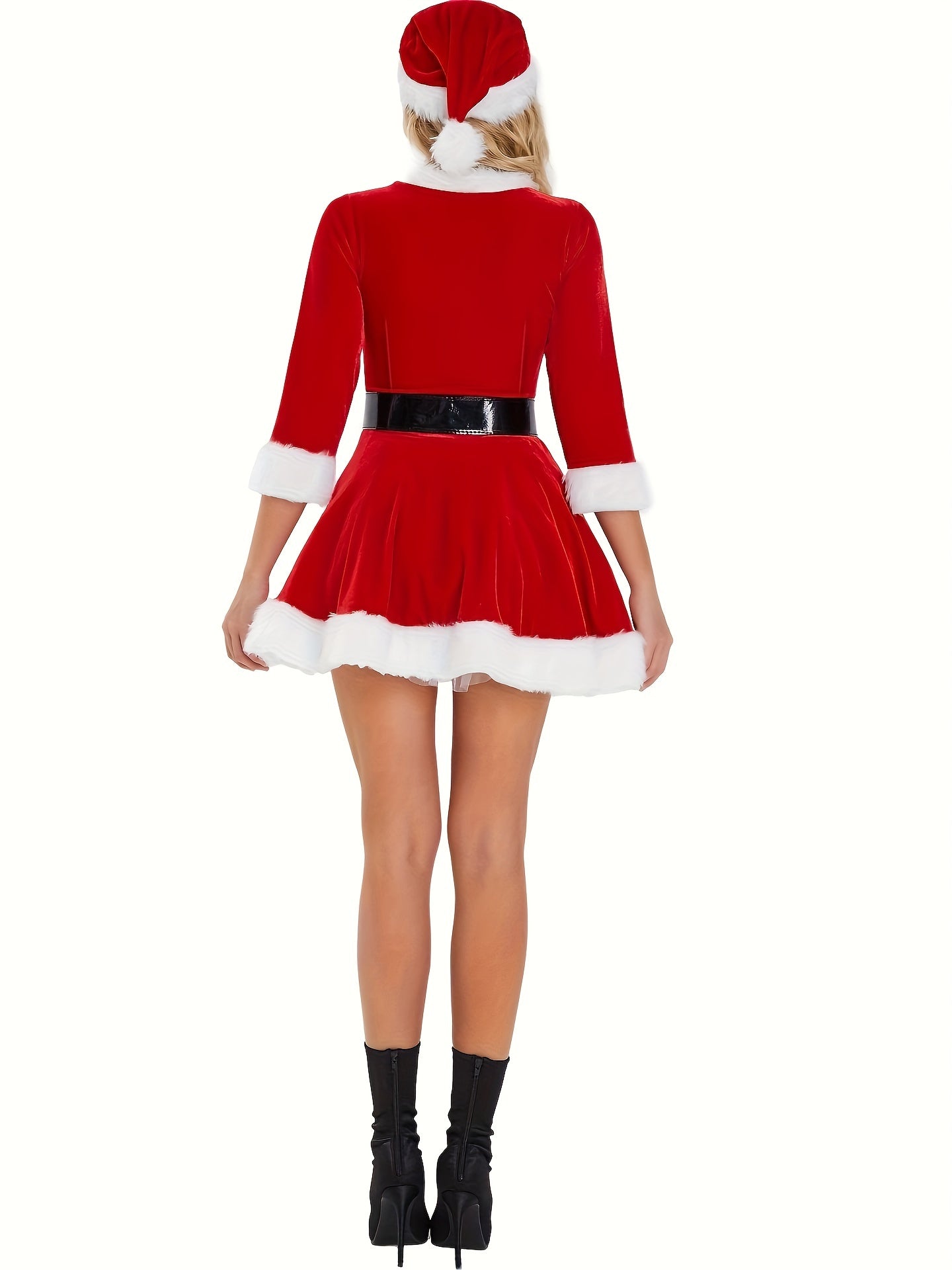 Faux Fur Decor Contrast Trim Dress, Vintage 3/4 Sleeve Aline Swing Dress Up Christmas Dress, Women's Clothing - Veloxea