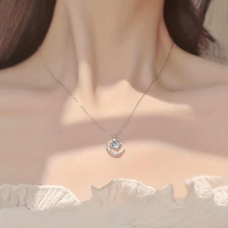 Moon Star Pendant Necklace Inlaid Shiny Moonstone Dainty Clavicle Chain For Women - Veloxea