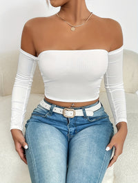 Solid Color Off-shoulder Crop Top, Sexy Long Sleeve Slim Top, Women's Clothing - Veloxea