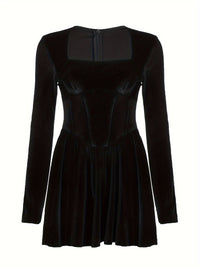 Square Neck Ruffle Hem Slim Dress, Elegant Long Sleeve Aline Dress For Spring & Fall, Women's Clothing