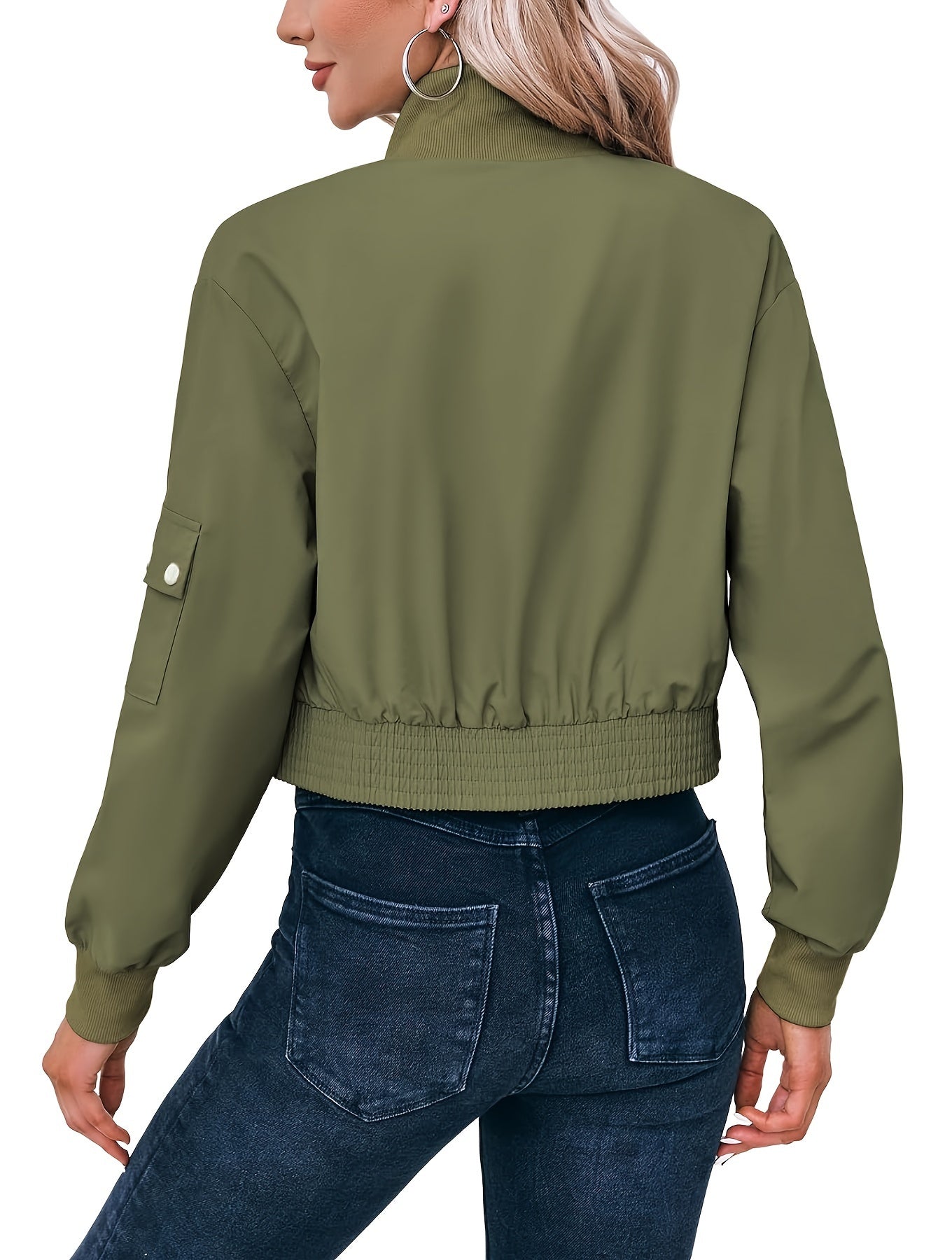 Solid Color Zipper Front Jacket, Casual Lapel Neck Flap Pockets Long Sleeve Button Decor Jacket For Spring & Fall, Women's Clothing