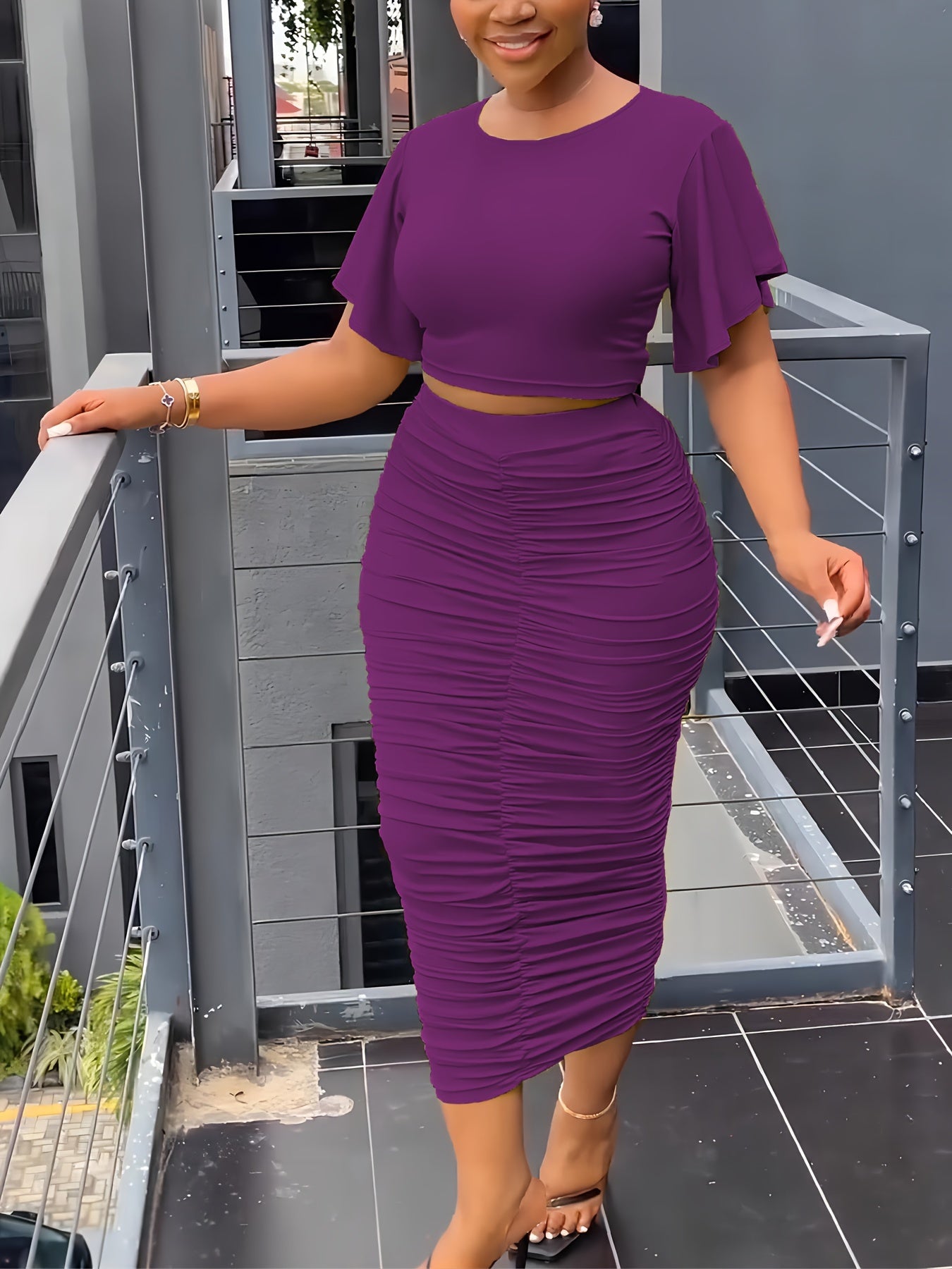 T-shirt & Bodycon Skirts Solid Two-piece Set, Flared Sleeve T-shirt & Midi Skirts, Women's Clothing