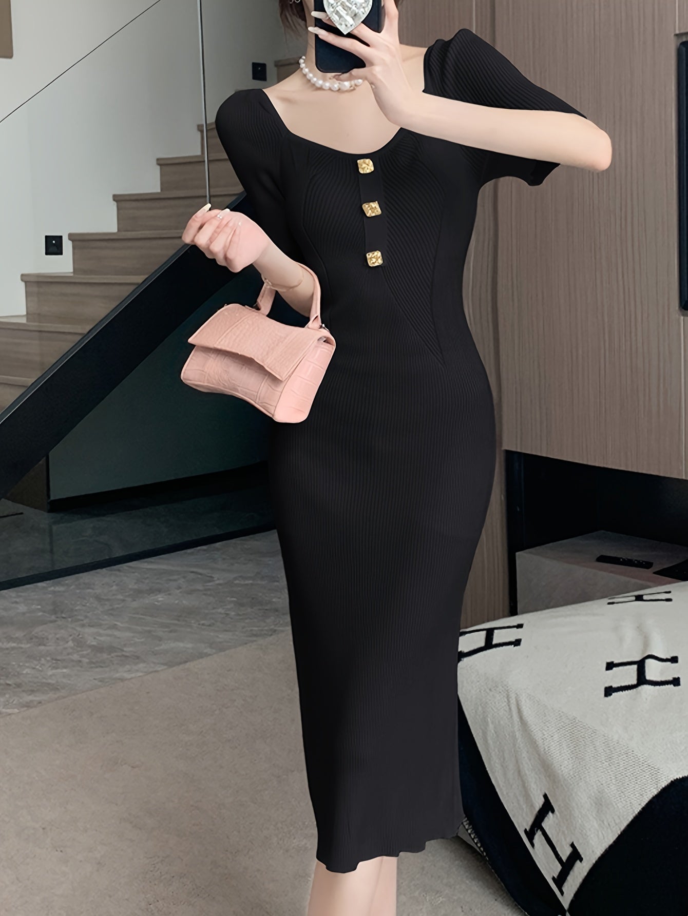Button Detail Bodycon Knitted Dress, Elegant Short Sleeve Dress For Spring & Summer, Women's Clothing