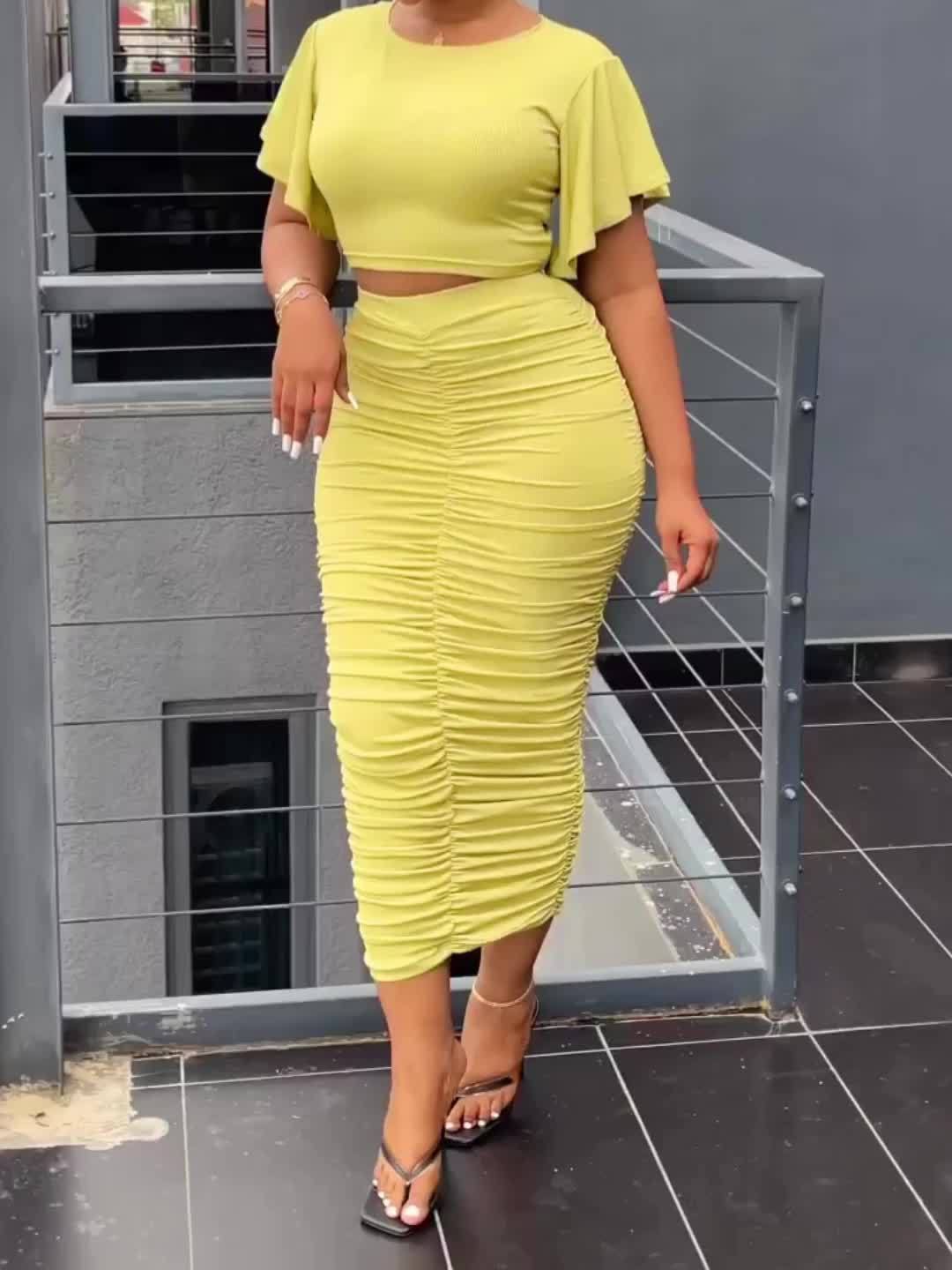 T-shirt & Bodycon Skirts Solid Two-piece Set, Flared Sleeve T-shirt & Midi Skirts, Women's Clothing