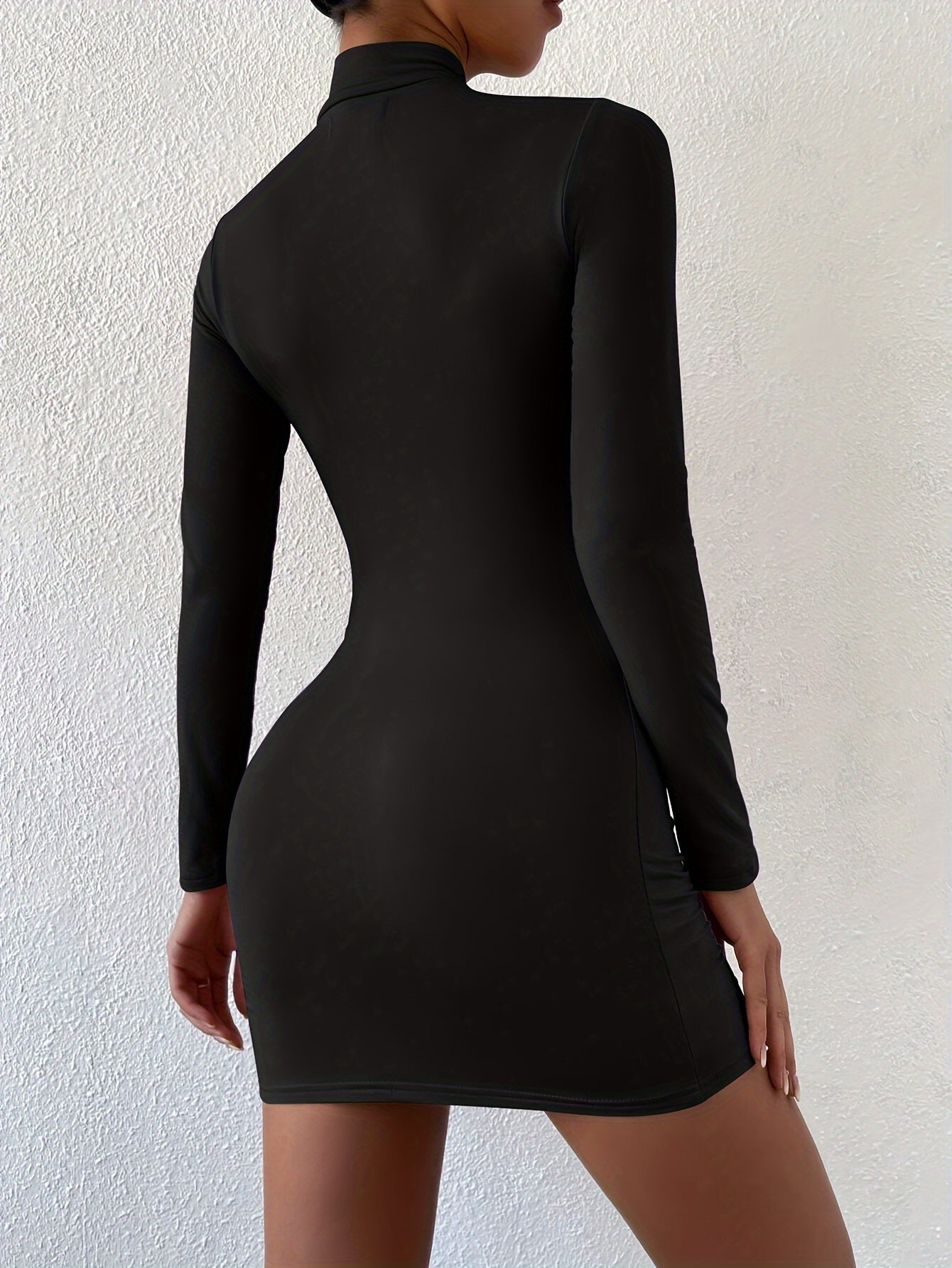 Solid Color Mock Neck Dess, Elegant Long Sleeve Bodycon Dress For Spring & Fall, Women's Clothing - Veloxea