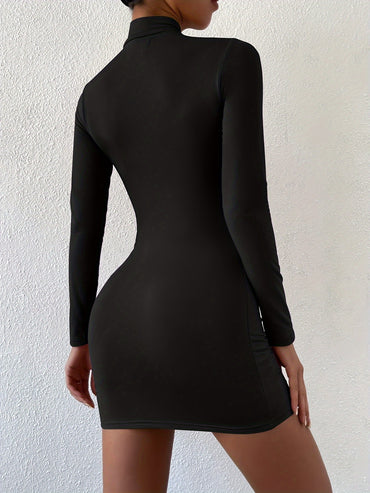 Solid Color Mock Neck Dess, Elegant Long Sleeve Bodycon Dress For Spring & Fall, Women's Clothing - Veloxea
