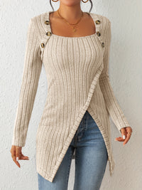 Button Decor Asymmetrical Hem T-Shirt, Casual Ribbed Long Sleeve Top For Spring & Fall, Women's Clothing - Veloxea