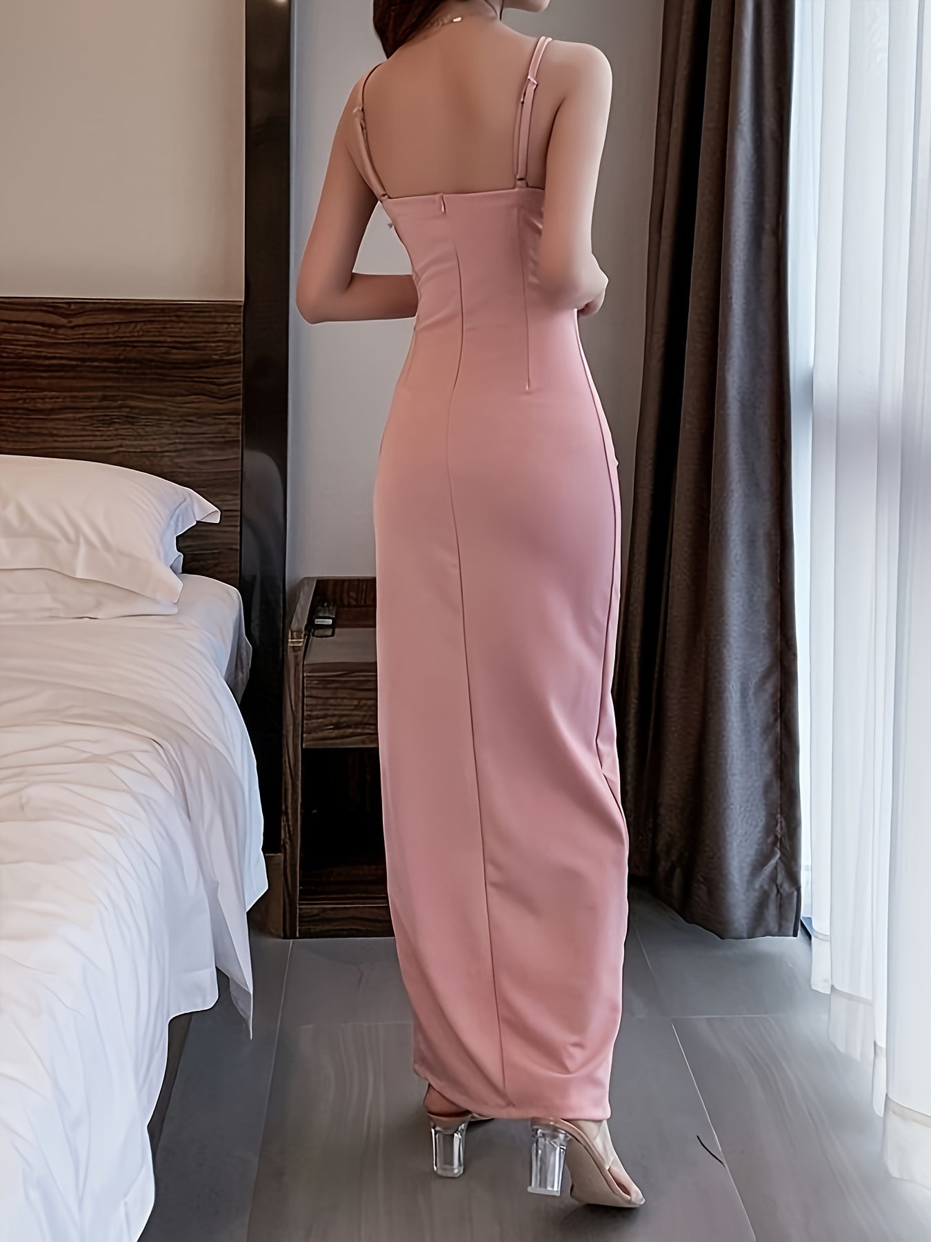 Split Thigh Ruched Bodycon V Neck Dress, Elegant Sleeveless Cami Maxi Dress For Party & Banquet, Women's Clothing