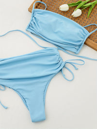 Solid Color Sexy 2 Piece Set Bikini, Spaghetti Straps Drawstring Tie Side High Waist Swimsuits, Women's Swimwear & Clothing - Veloxea
