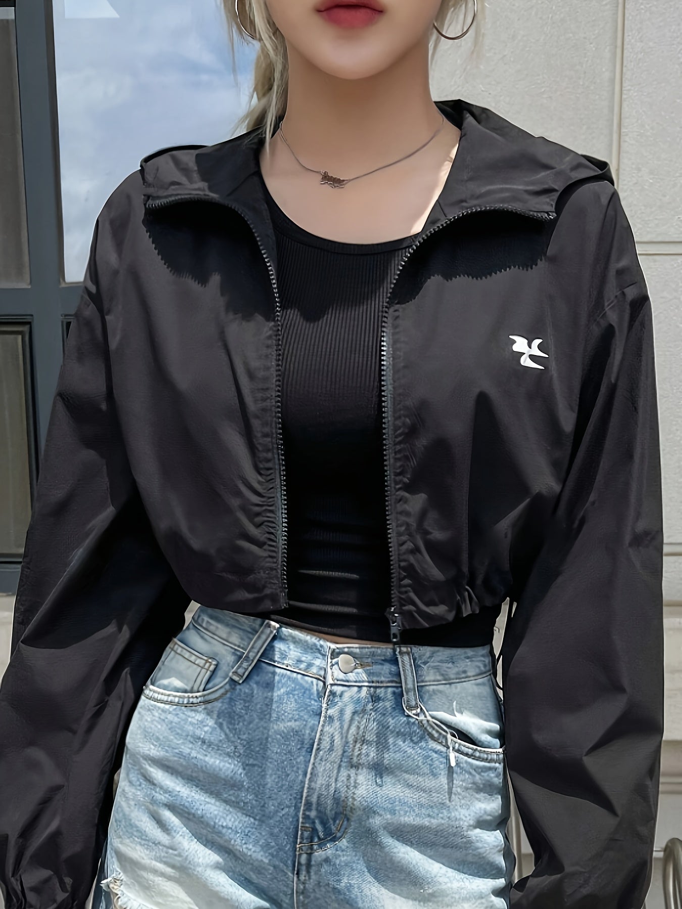 Zipper Front Crop Hooded Jacket, Casual Long Sleeve Outwear For Spring & Fall, Women's Clothing - Veloxea