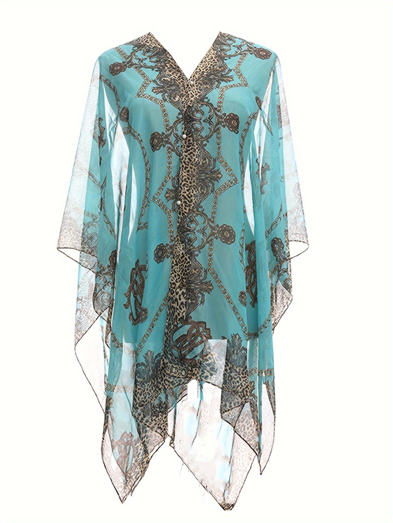 Plus Size Chain Print V Neck Shawl Top, Elegant Long Sleeve Blouse For Spring & Summer, Women's Plus Size Clothing - Veloxea