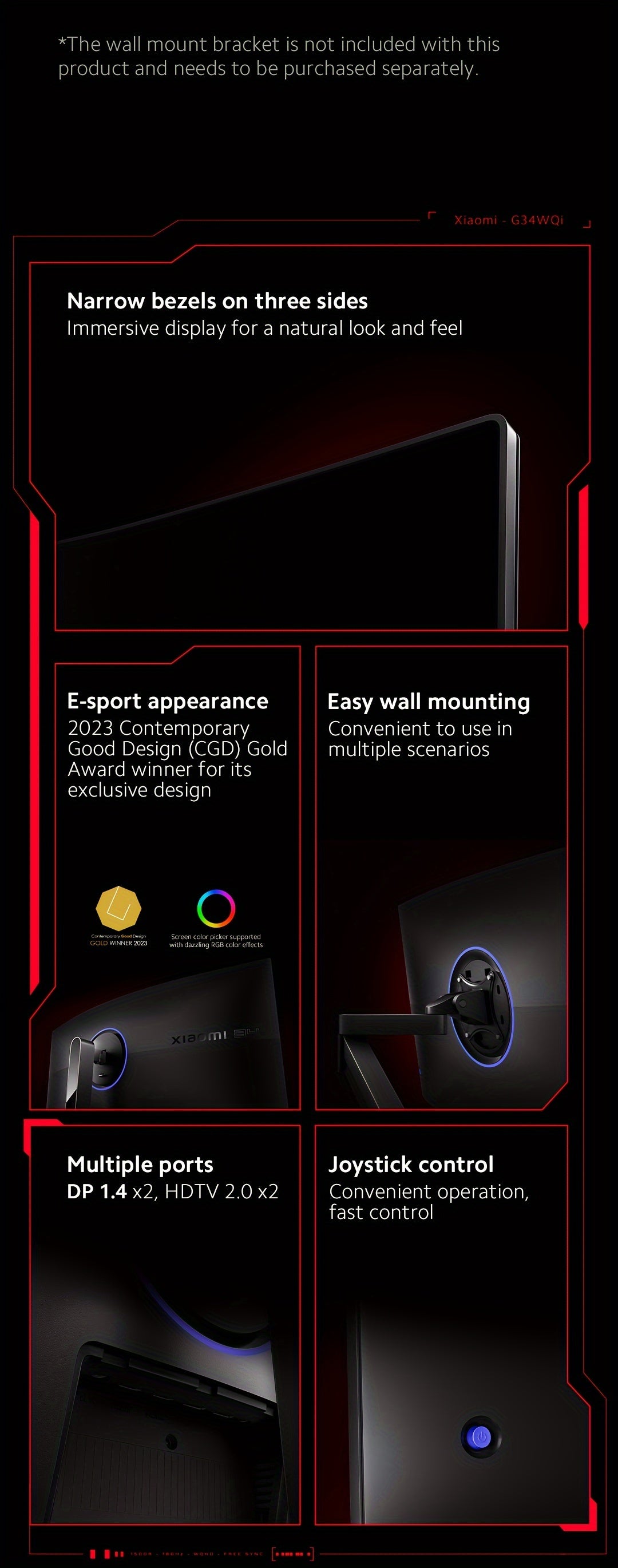 Xiaomi 34-inch Curved Gaming Monitor 180Hz High Reshed Rate 1ms Fast FreeSync Premium E<2* Professional Calibration 95%DCI-P3 100% SRGB* Low Blue Light Computer Screen Monitor Desktop Monitor - Veloxea