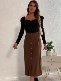 Corduroy Button Midi Skirt, Elegant Solid High Waist Skirt, Women's Clothing