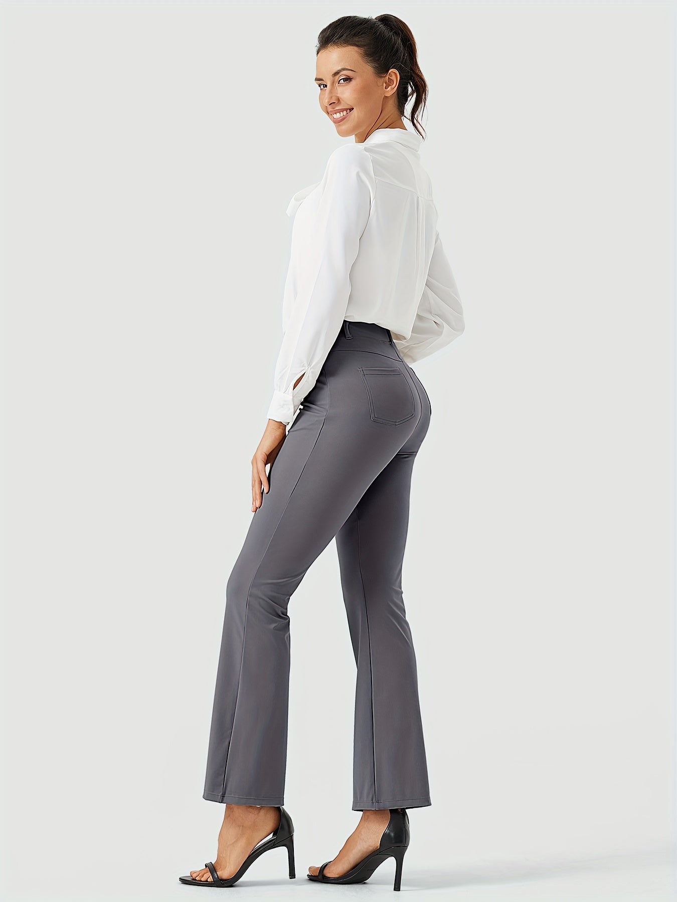 Women's Yoga Dress Work Pants Lightweight Slacks Stretch Casual Office Flare Pants Wide Leg With Belt Loops 4 Pockets - Veloxea