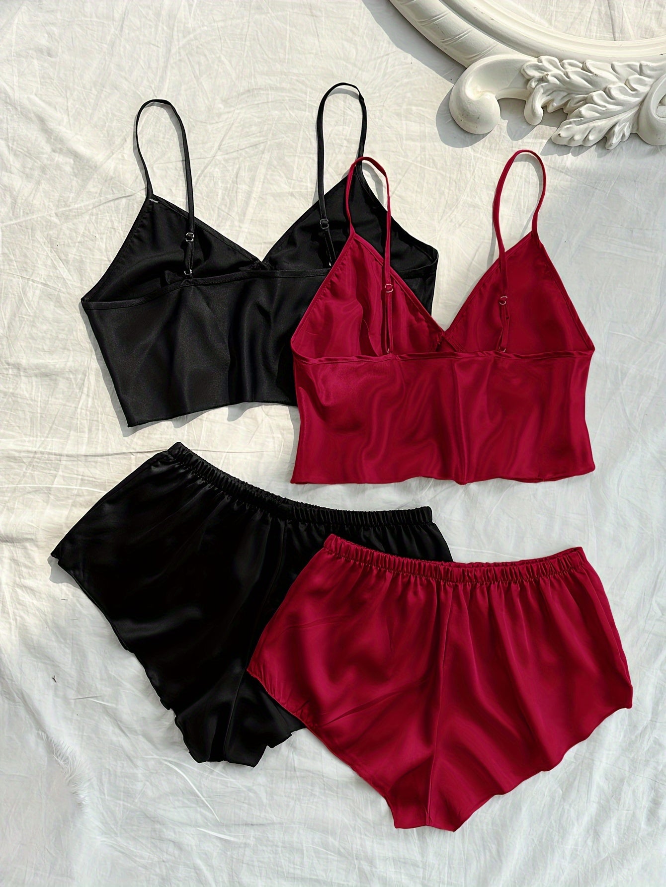 2 Sets Women's Elegant Solid Satin Pajama Set, Bow Tie Front V Neck Crop Cami Top & Shorts, Comfortable Relaxed Fit, Summer Nightwear - Veloxea