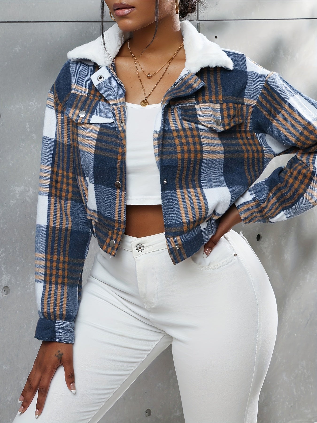 Button Plaid Faux Fur Collar Jacket, Casual Long Sleeve Crop Jacket For Fall & Winter, Women's Clothing - Veloxea