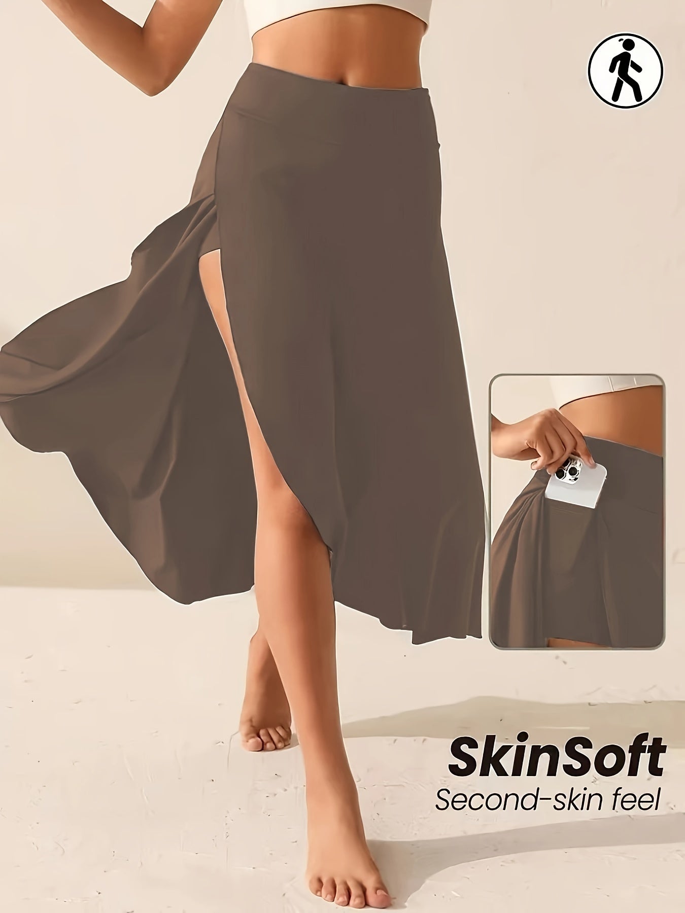 Women's Solid Color Sports Skort, High Waist, Asymmetrical Hem, Open-Knit Fabric, Casual Activewear