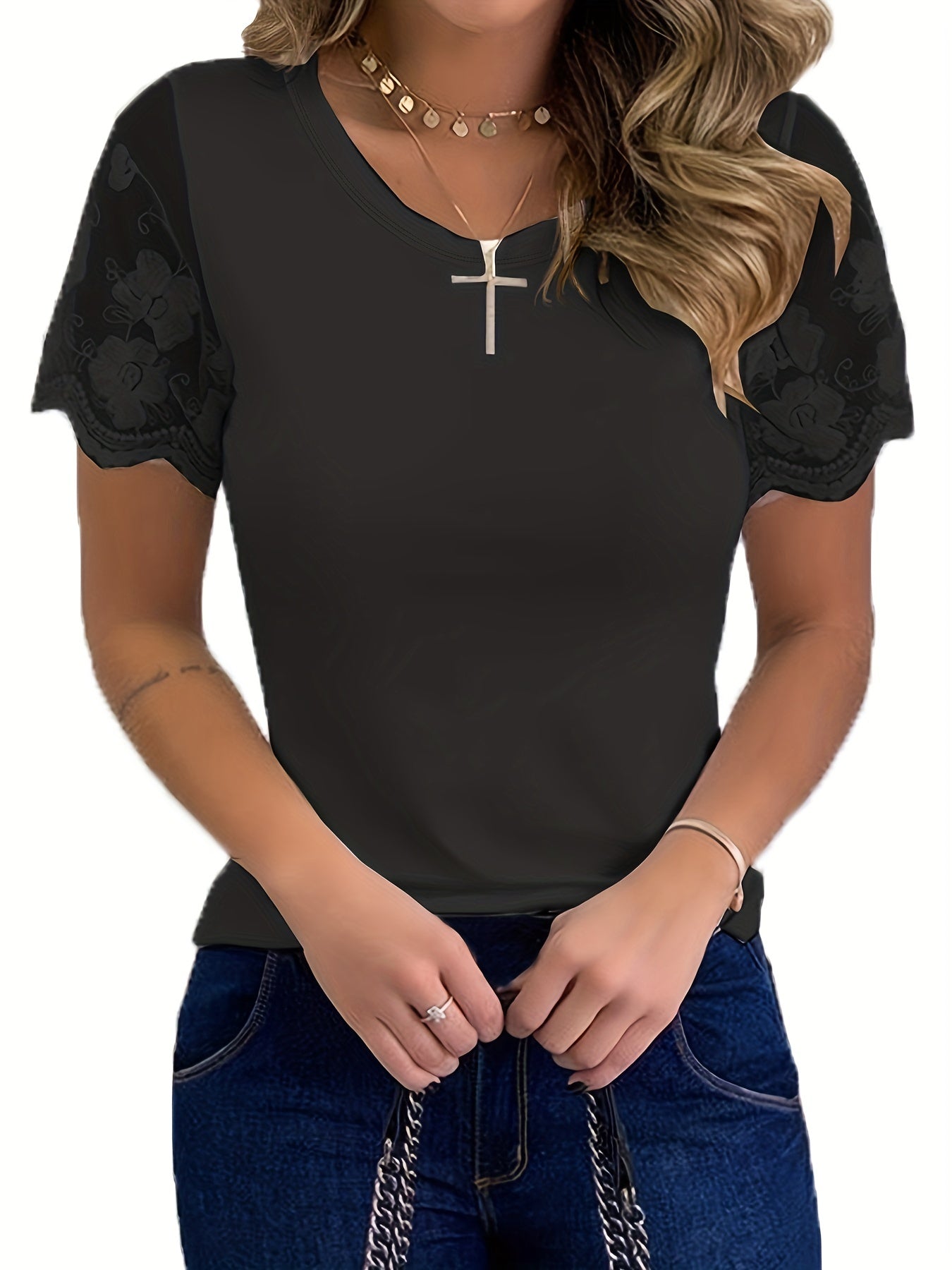 Women's T-Shirt Elegant Lace Short Sleeve Cut Out Crew Neck Loose Casual Summer T-Shirt