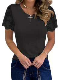 Women's T-Shirt Elegant Lace Short Sleeve Cut Out Crew Neck Loose Casual Summer T-Shirt