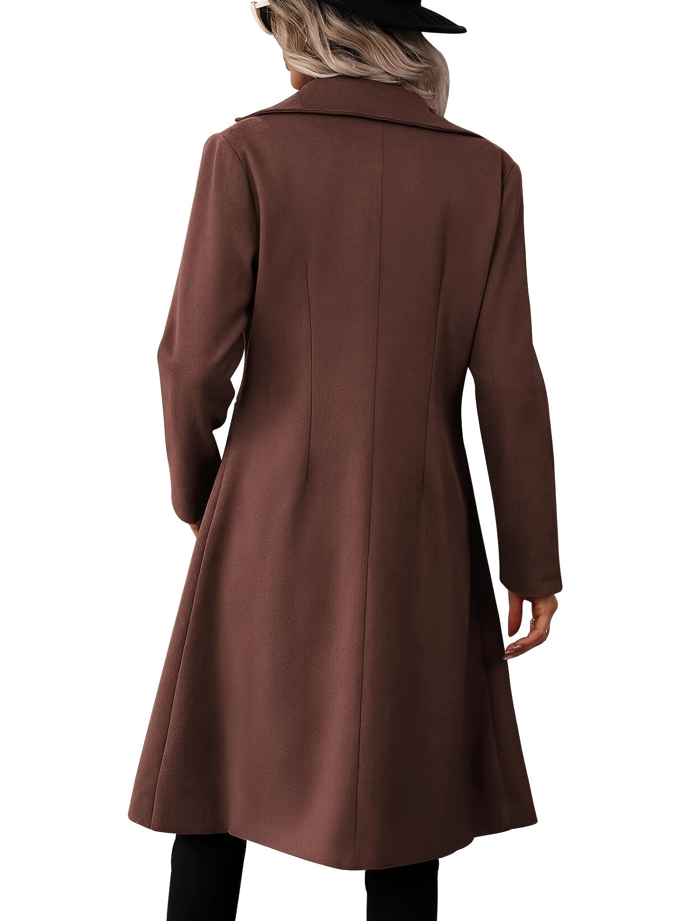 Double-Breasted Lapel Collar Pea Coat, Elegant Mid Length Long Sleeve Outerwear For Fall & Winter, Women's Clothing - Veloxea