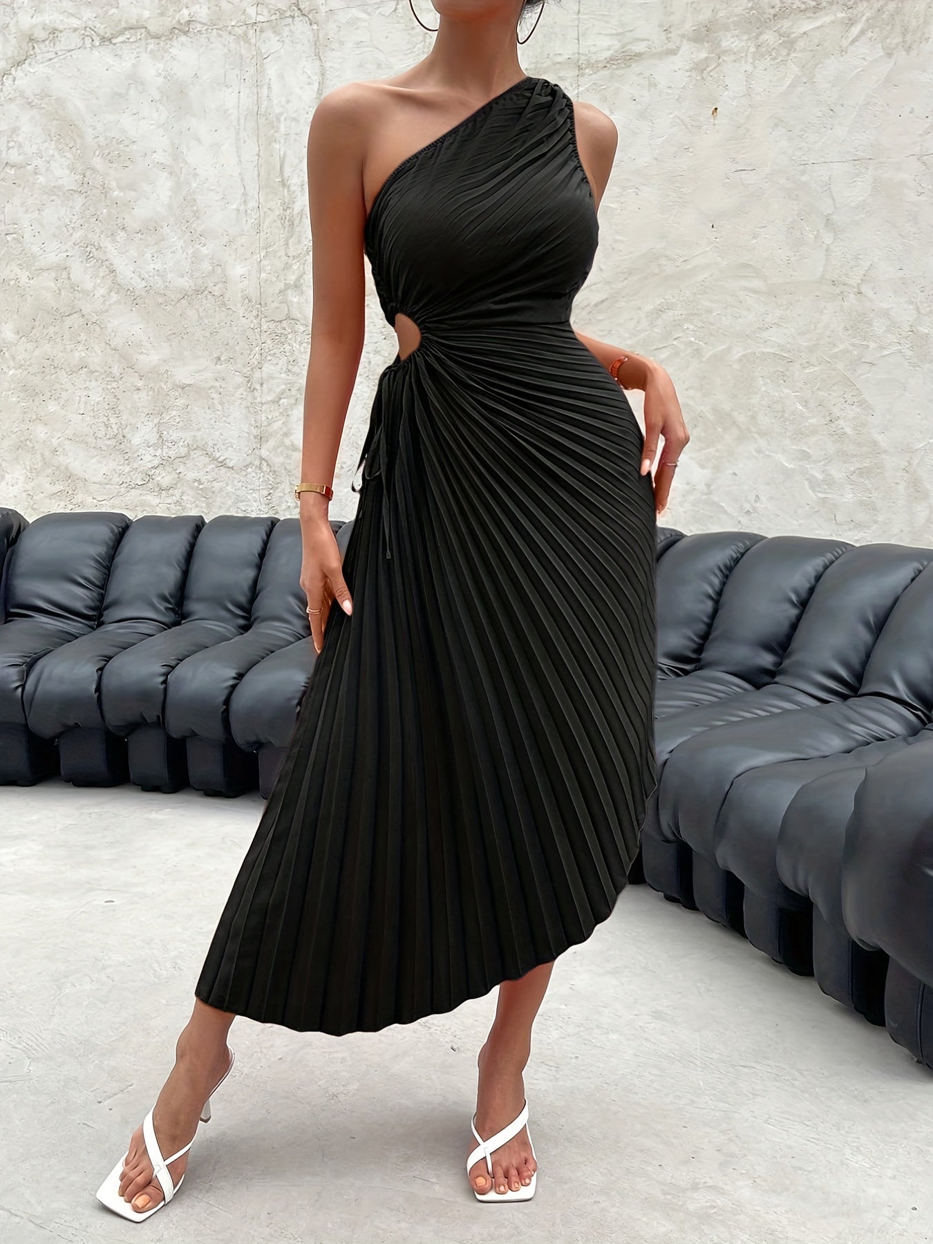 One Shoulder Pleated Dress, Elegant Cut Out Drawstring Sleeveless Dress, Women's Clothing For Party Dressing