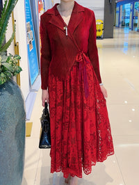 Elegant Plus Size Lace Contrast Midi Dress with Lapel Collar and Long Sleeves - High Stretch Polyester Fabric, Flared Hem