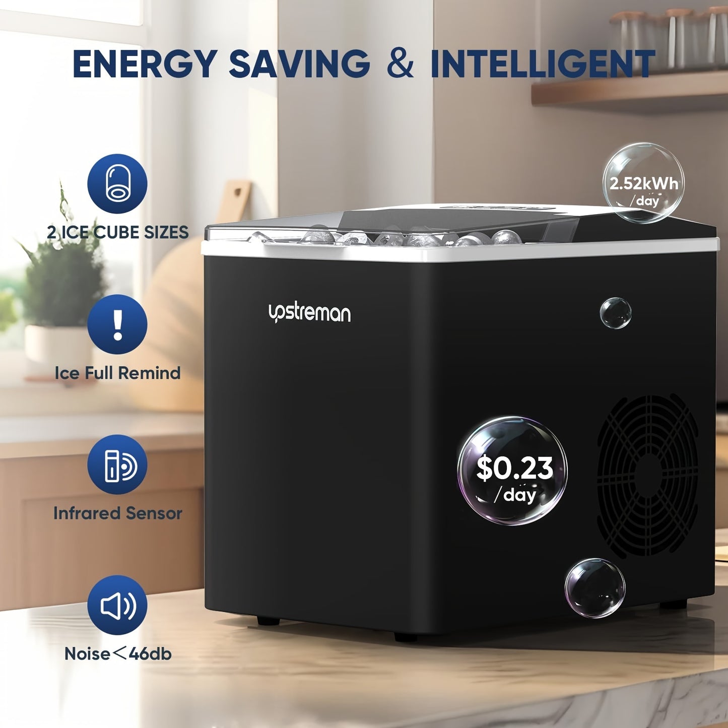 1pc Upstreman Y90 Countertop Ice Maker, Self-Cleaning Ice Cube Maker Machine, Max 26Lbs/Day, 9 Ice Cubes Ready In 6 Mins, Portable Bullet Ice Maker For Home - Veloxea