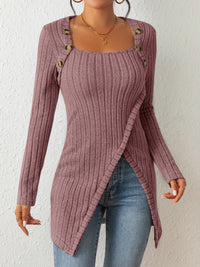 Button Decor Asymmetrical Hem T-Shirt, Casual Ribbed Long Sleeve Top For Spring & Fall, Women's Clothing - Veloxea