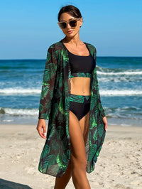 Tropical Leaf Print Stretchy 3 Piece Set Bikini With Long Sleeve Kimono, Scoop Neck Contrast Band Stylish Swimsuits, Women's Swimwear & Clothing For Holiday - Veloxea
