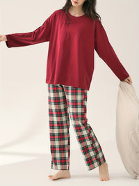 Plaid Print Pajama Set, Long Sleeve Crew Neck Top & Elastic Waistband Plaid Pants, Women's Sleepwear & Loungewear