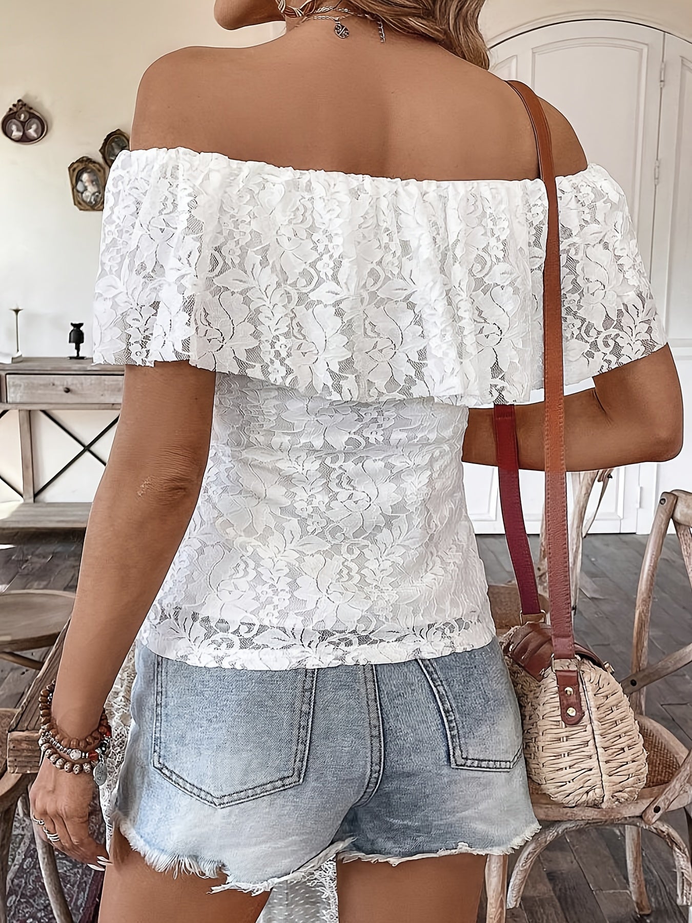Floral Pattern Off Shoulder Lace T-shirt, Elegant Slim Top For Spring & Summer, Women's Clothing - Veloxea