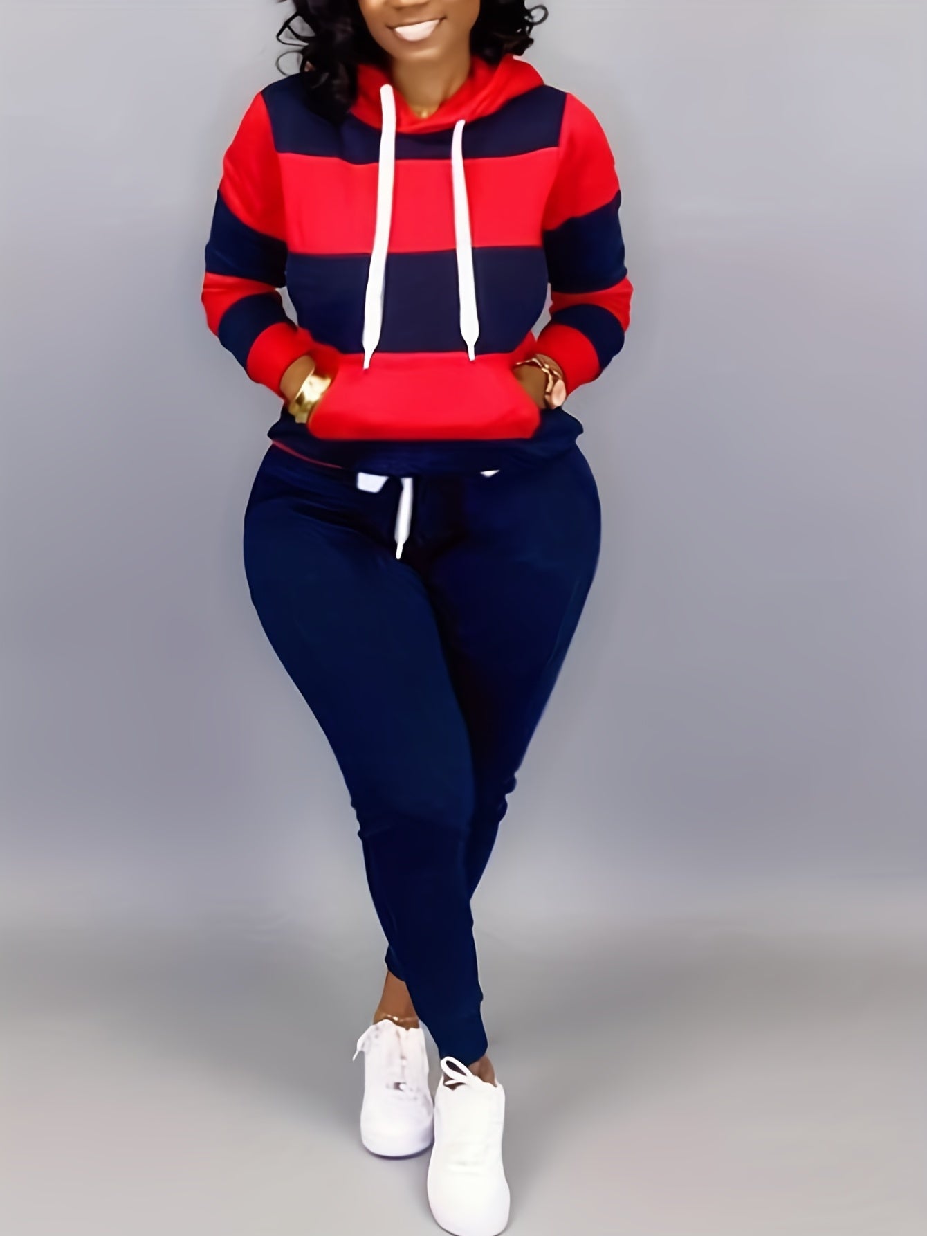 Plus Size Casual Outfits Two Piece Set, Women's Plus Colorblock Stripe Print Long Sleeve Drawstring Hoodie Sweatshirt & Joggers Outfits 2 Piece Set