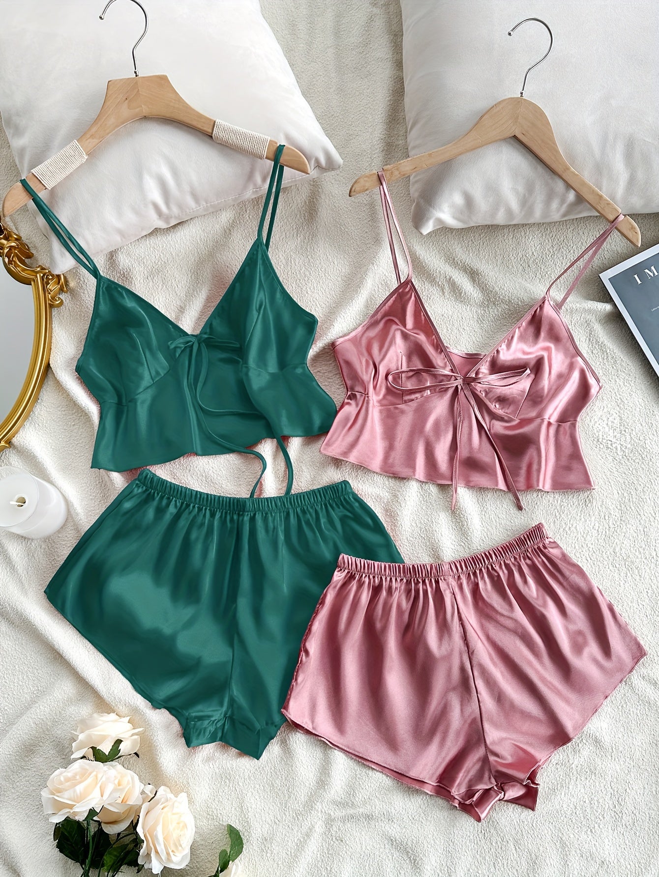 2 Sets Women's Elegant Solid Satin Pajama Set, Bow Tie Front V Neck Crop Cami Top & Shorts, Comfortable Relaxed Fit, Summer Nightwear - Veloxea