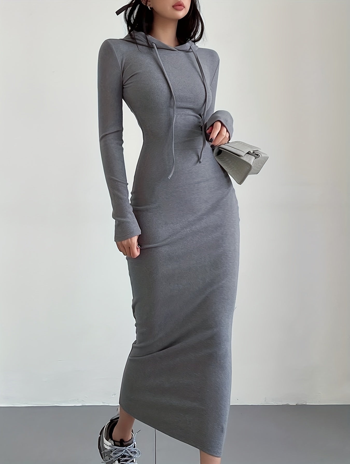Drawstring Hooded Dress, Casual Long Sleeve Bodycon Dress, Women's Clothing