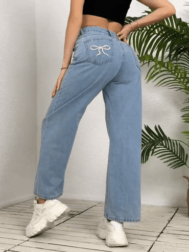 Women's Low-Waist Denim Straight-Leg Wide-Leg Trousers, Fashionable And Elegant, With A Bow Printed On The Back Pocket, Outdoor Casual Loose-Fitting Trousers
