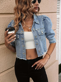 Women's Elegant Solid Color Cropped Denim Jacket With Puff Sleeves, Frayed Hem, Fashion Outerwear For Casual And Street Style - Veloxea