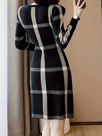 Plaid Pattern Midi Dress, Casual Crew Neck Long Sleeve Dress, Women's Clothing